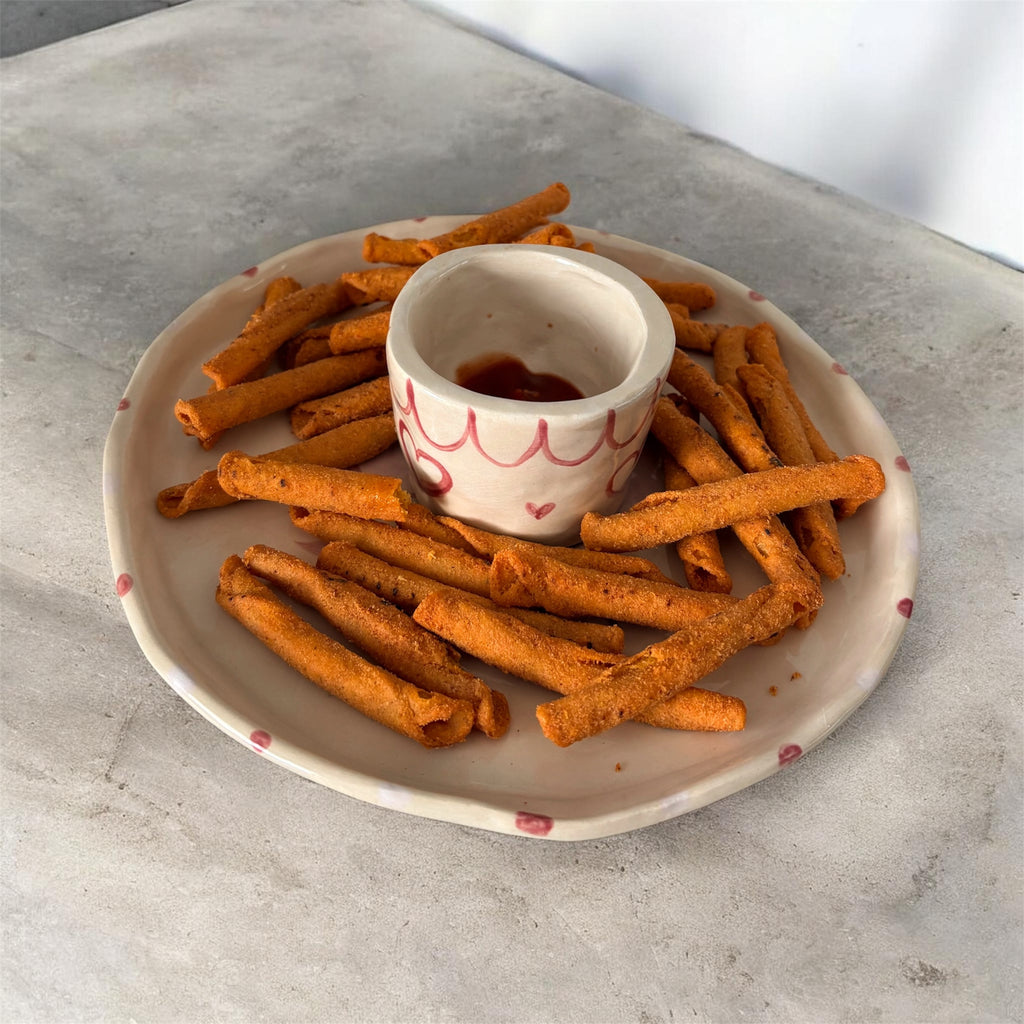 Cherry Love serving platter with an int4egrated dip bowl