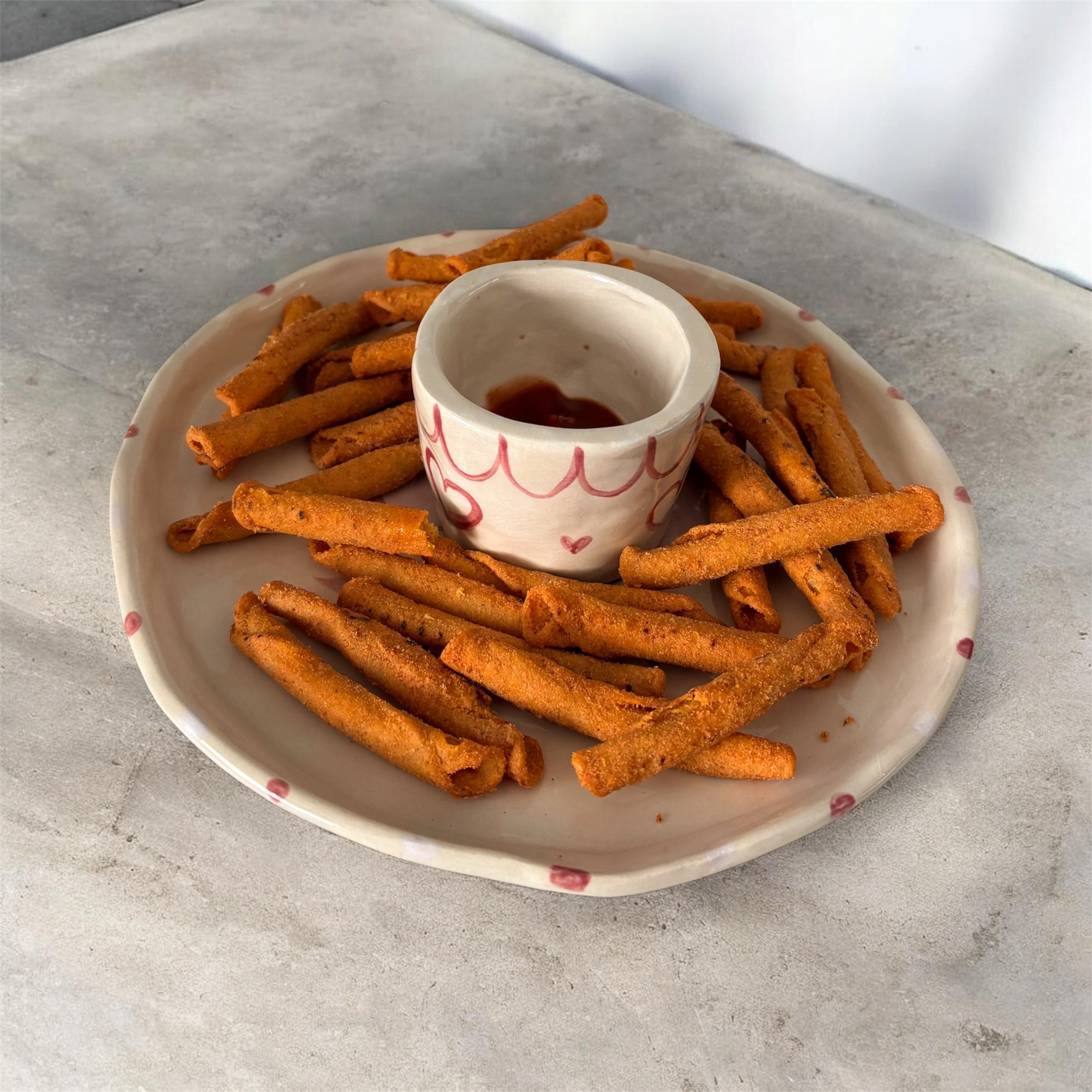 Cherry Love serving platter with an int4egrated dip bowl